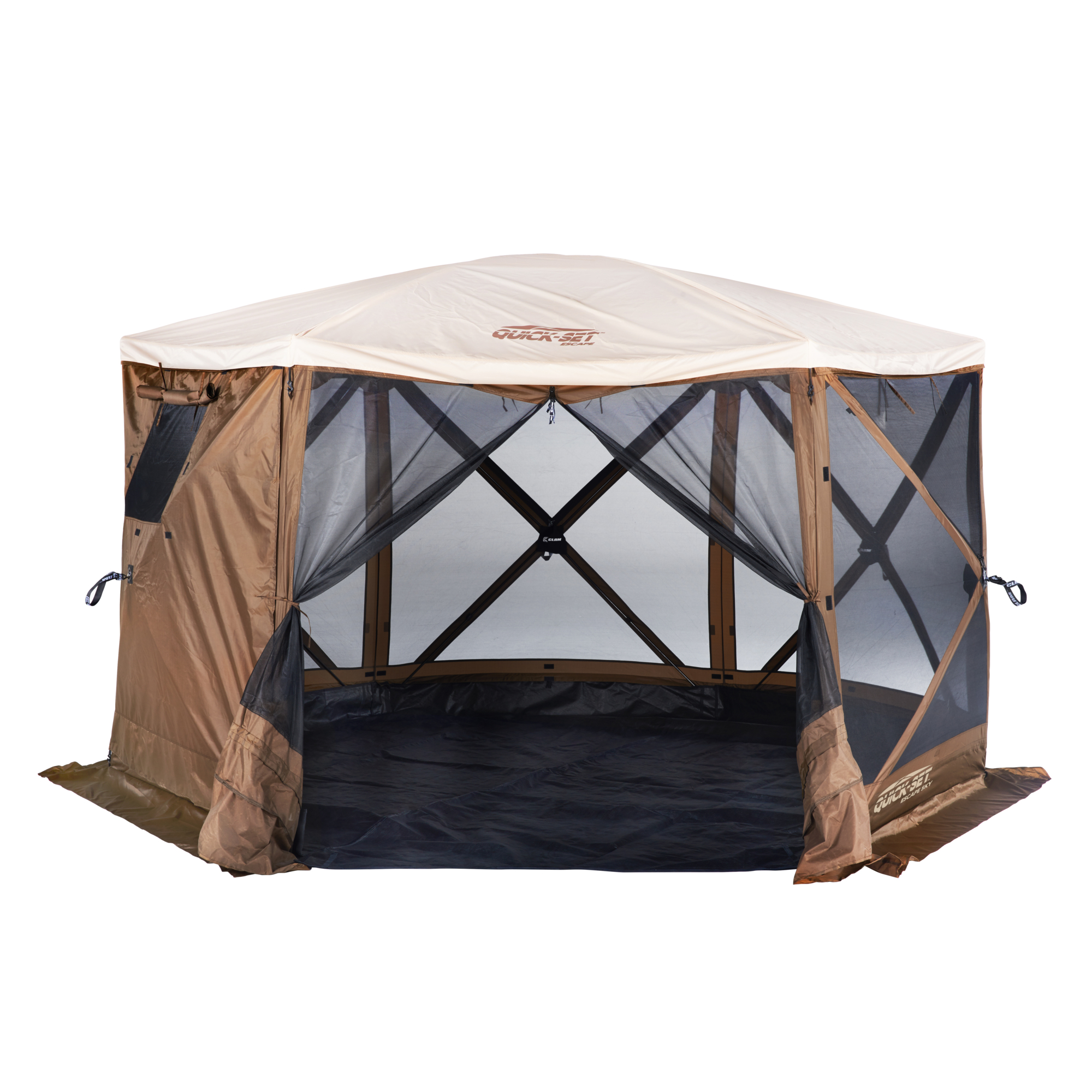 Clam Quick-Set, Sky Screen Shelter 6 sided scrn rf floor rain fly, Length 11.67 ft, Width 11.67 ft, Color Brown, Model# 12874